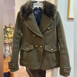 VINTAGE Y2K American Eagle Army Olive Military Double Breasted Fur Coat Jacket